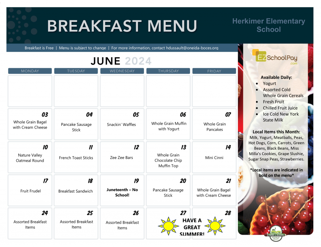 Elementary breakfast menu June 2024