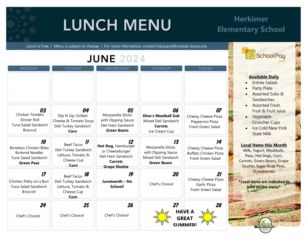 Elementary lunch menu June 2024