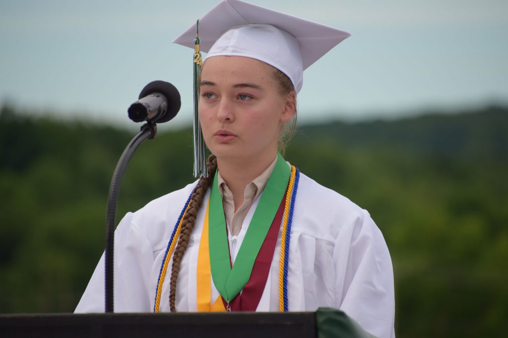 Valedictorian Victoria Stapf speaking at graduation