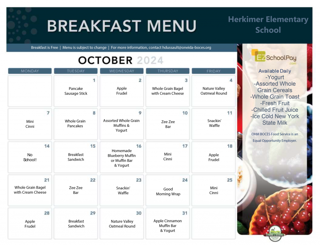 October 2024 Elementary breakfast menu