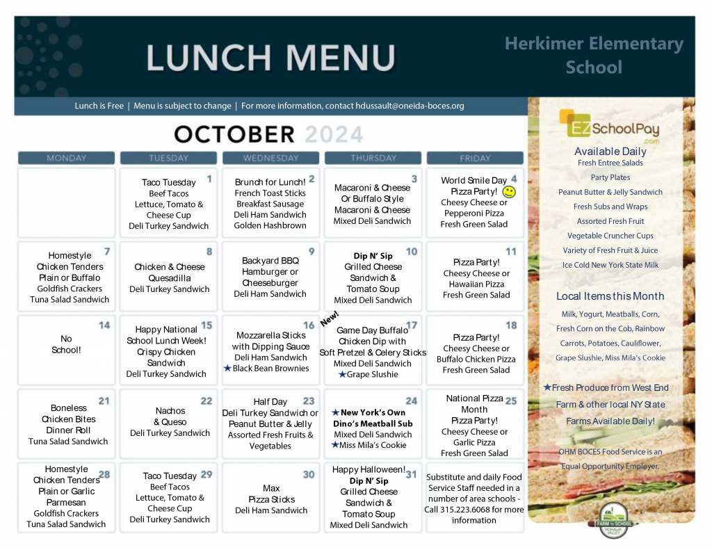 October 2024 Elementary lunch menu