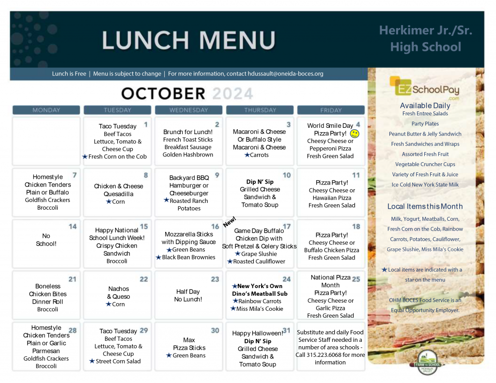 October 2024 Middle-High School lunch menu