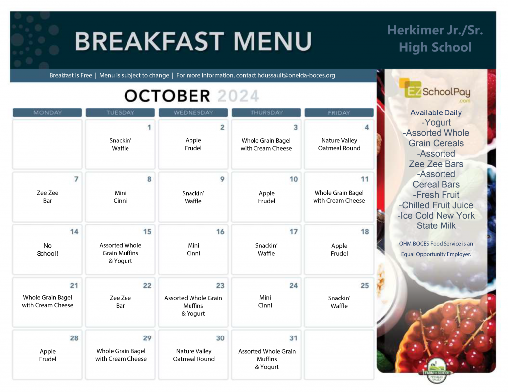 October 2024 Middle-High School breakfast menu