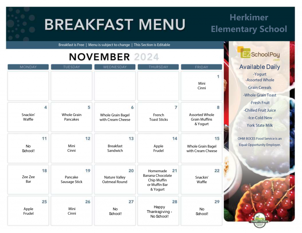 Herkimer Elementary School November 2024 Breakfast Menu