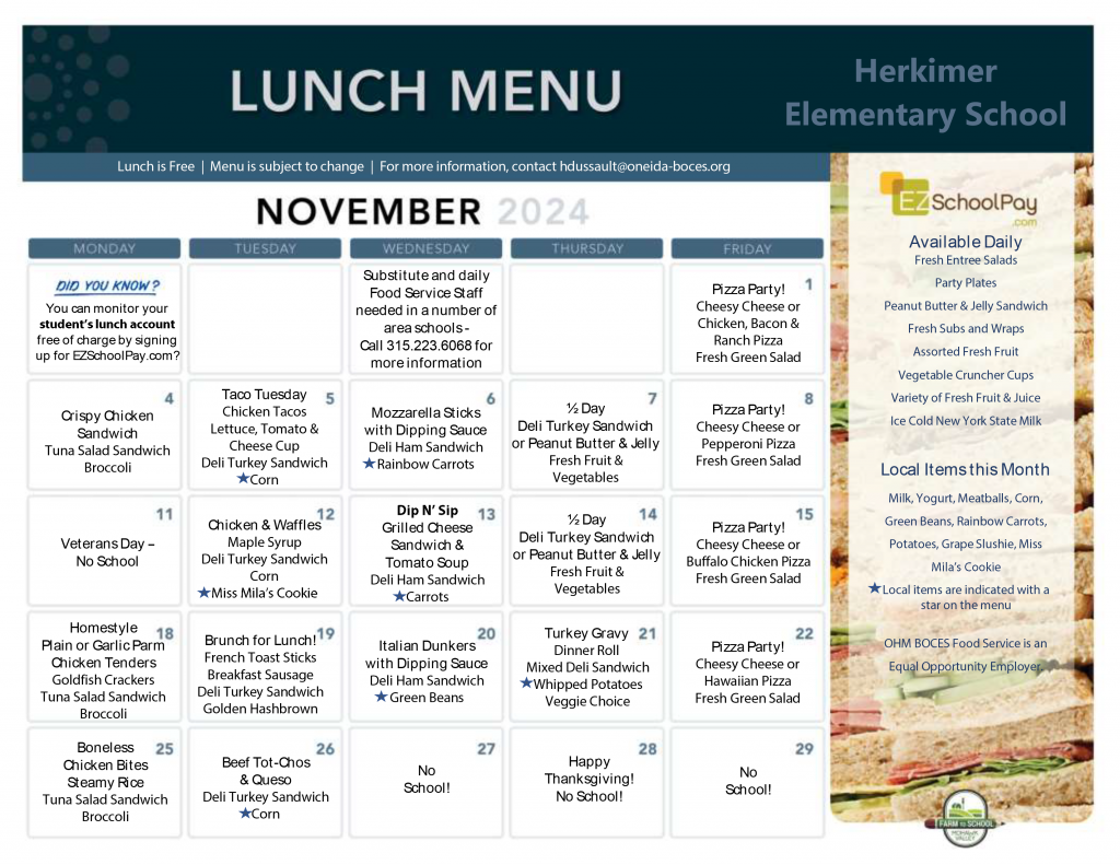 Herkimer Elementary School November 2024 Lunch Menu