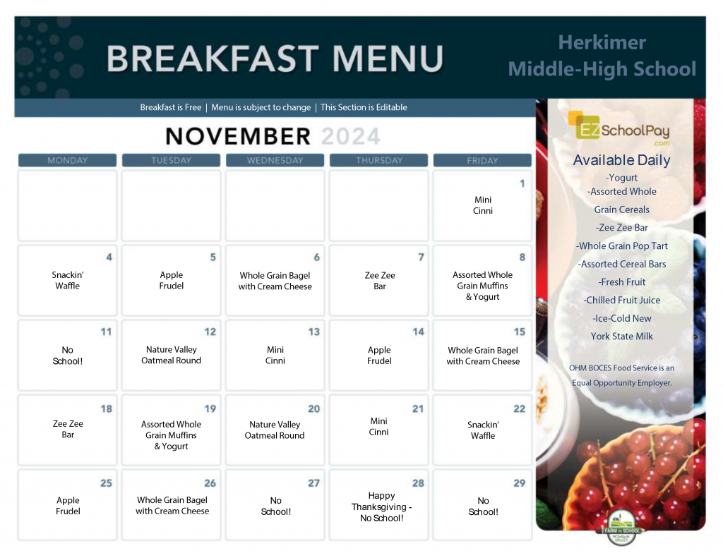 Herkimer Middle-High School November 2024 Breakfast Menu