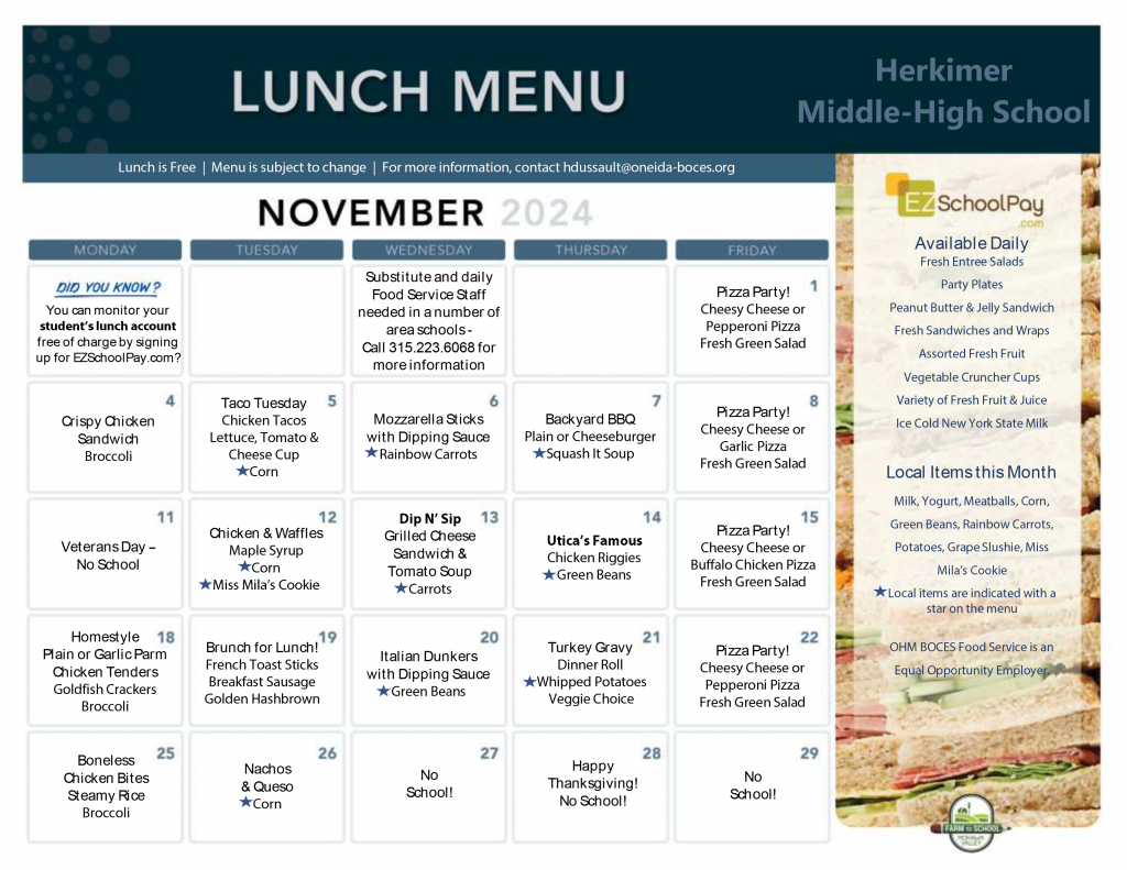 Herkimer Middle-High School November 2024 Lunch Menu