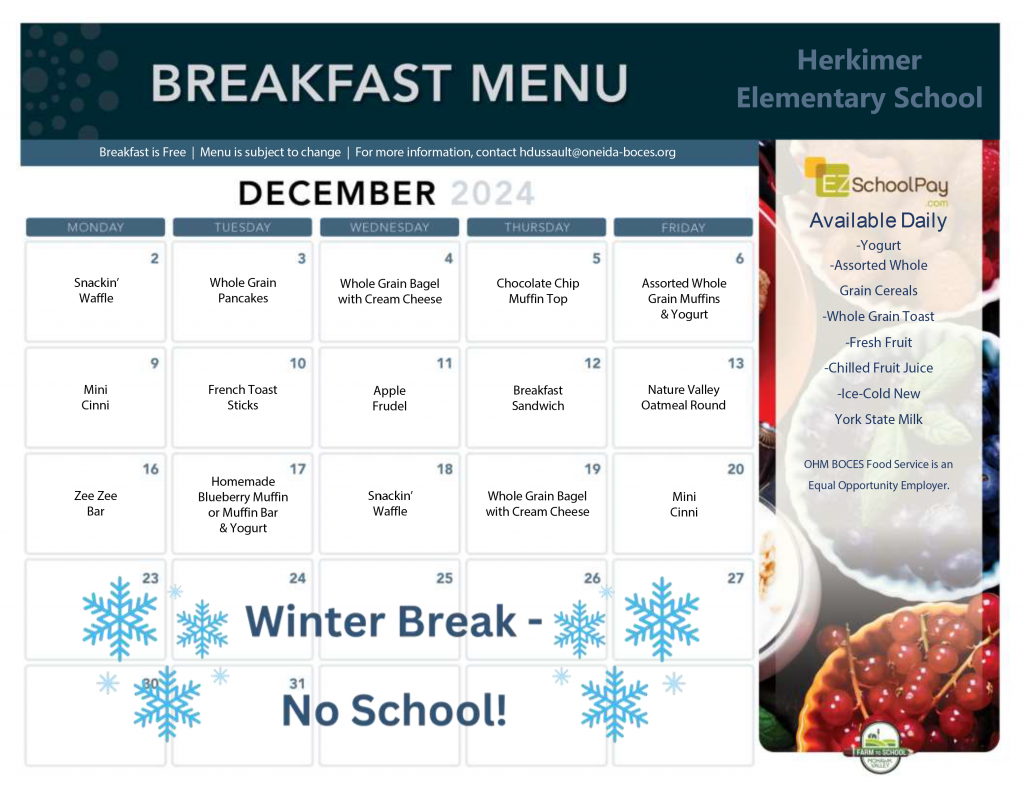 Herkimer Elementary School December 2024 Breakfast Menu