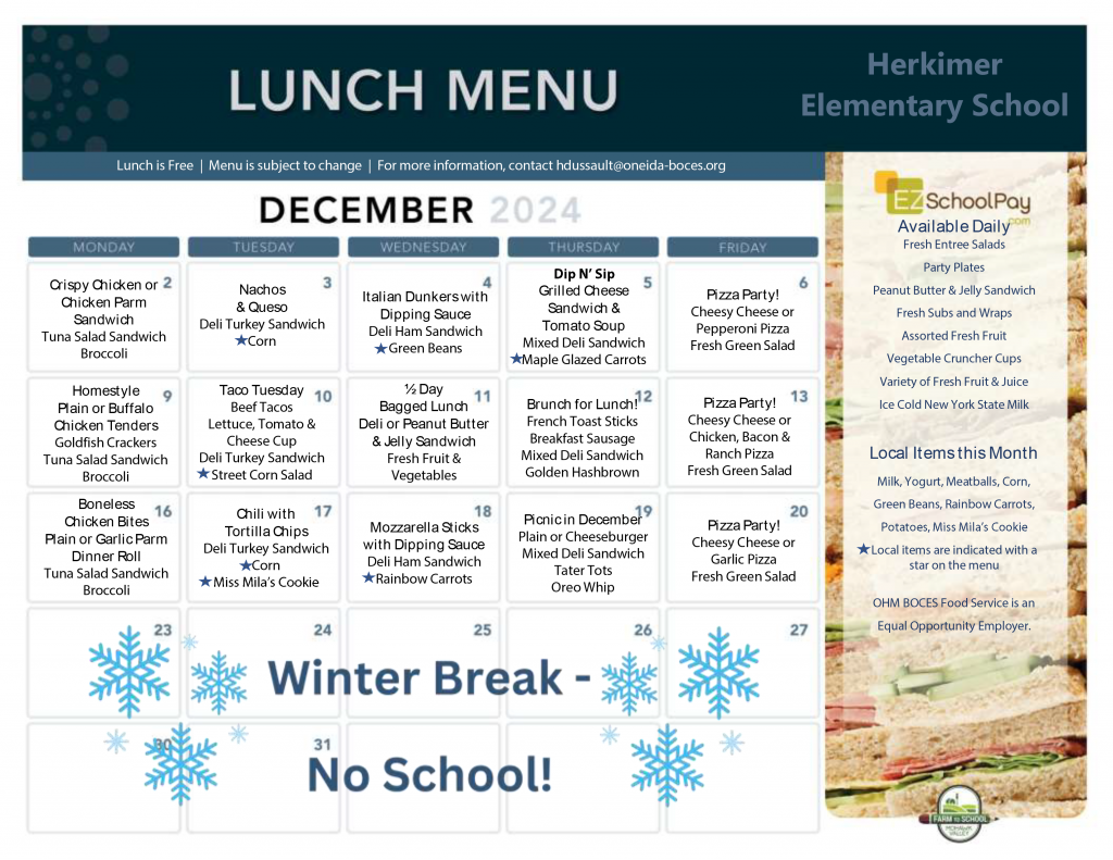 Herkimer Elementary School December 2024 Lunch Menu