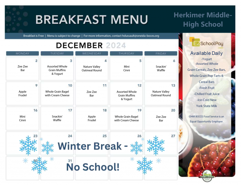 Herkimer Middle-High School December 2024 Breakfast Menu