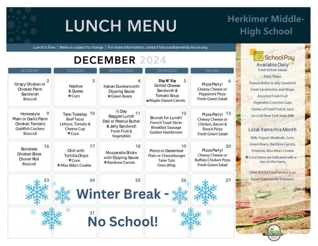 Herkimer Middle-High School December 2024 Lunch Menu