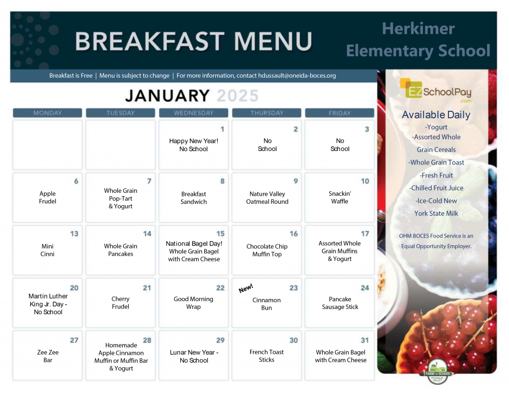 Herkimer Elementary School January 2025 Breakfast Menu