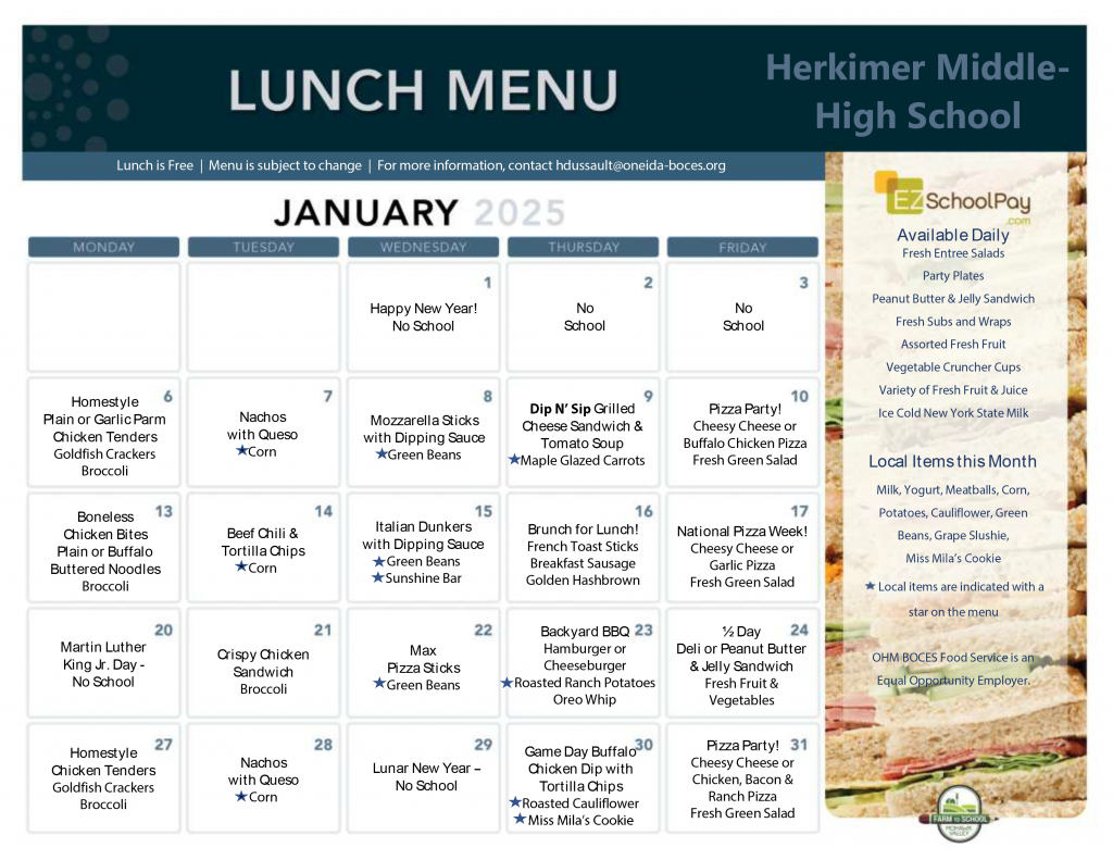 Herkimer Middle-High School January 2025 Lunch Menu