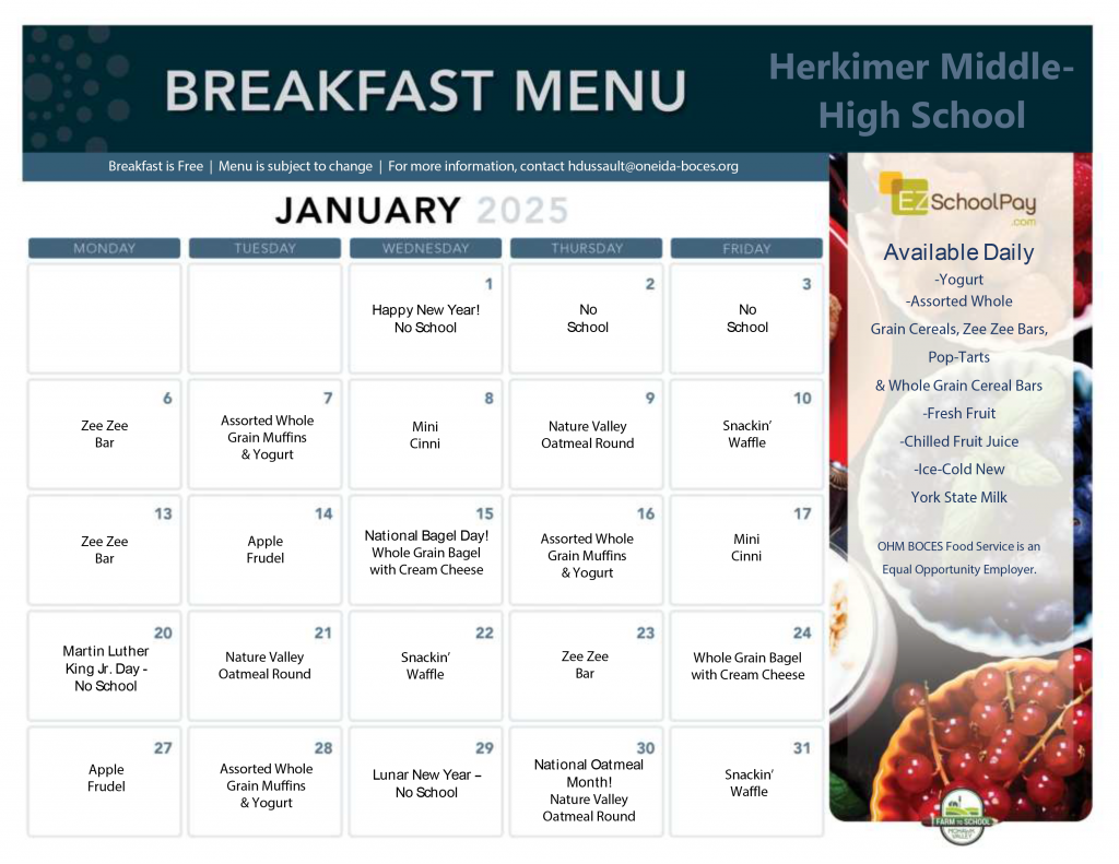 January 2025 Middle-High School breakfast menu