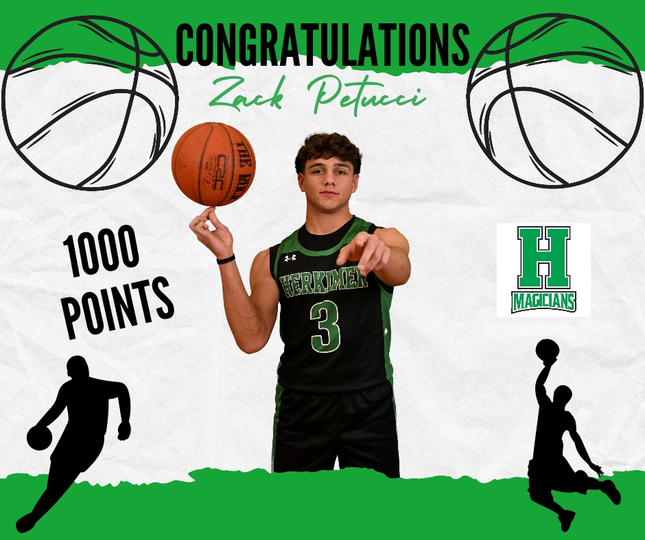 Picture of Zack Petucci with a basketball with Herkimer CSD graphics