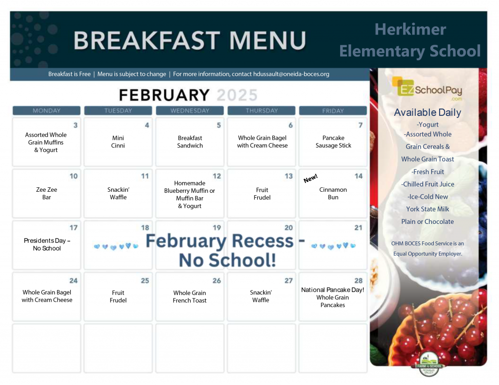 Herkimer Elementary School February 2025 Breakfast Menu