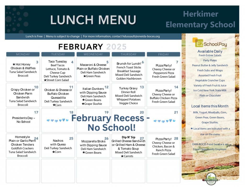 Herkimer Elementary School February 2025 Lunch Menu