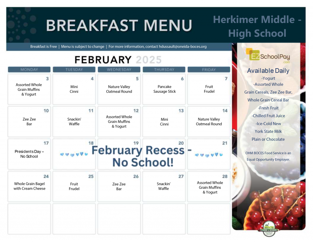 Herkimer Middle-High School February 2025 Breakfast Menu