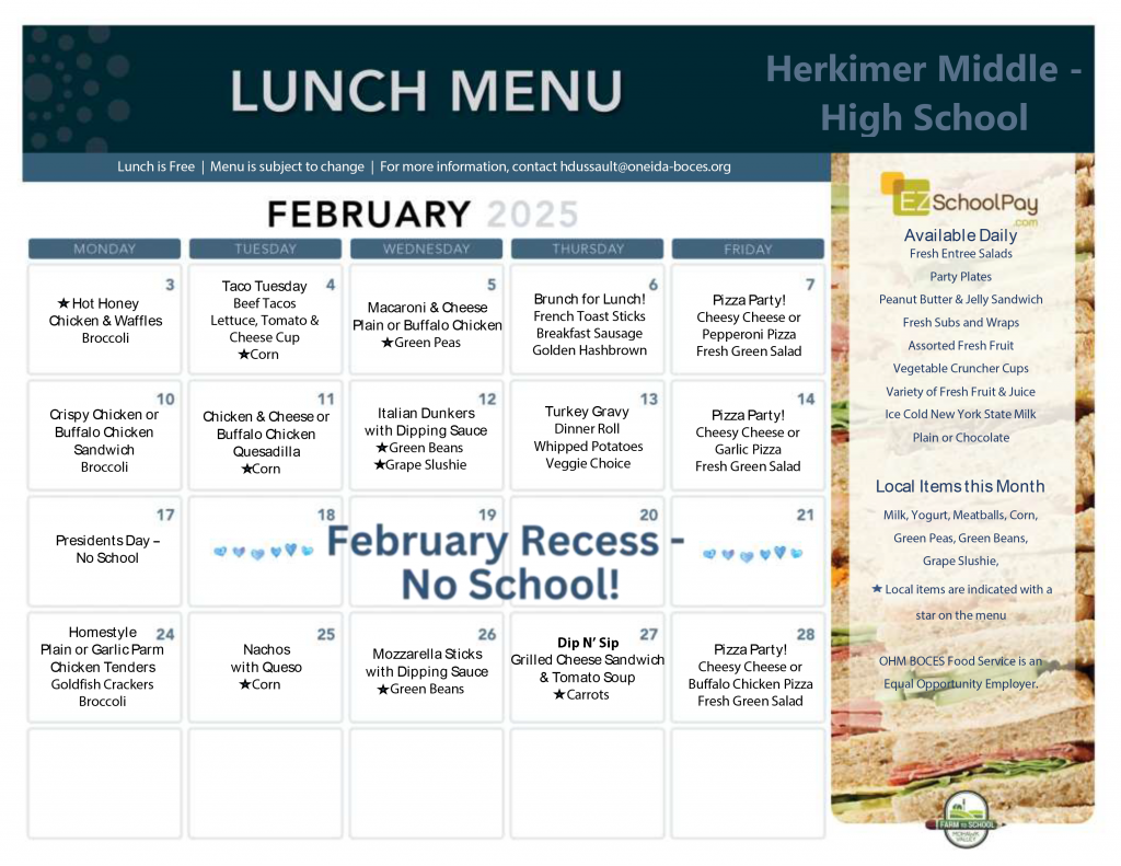 Herkimer Middle-High School February 2025 Lunch Menu