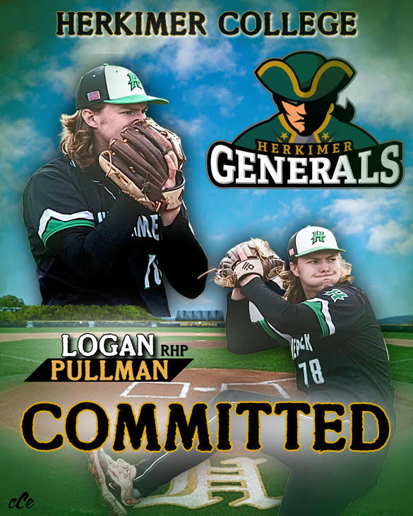 Logan Pullman graphic with images of him pitching, the Herkimer College Generals log and the word "COMMITED"