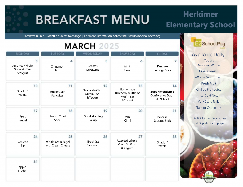 March 2025 elementary breakfast menu