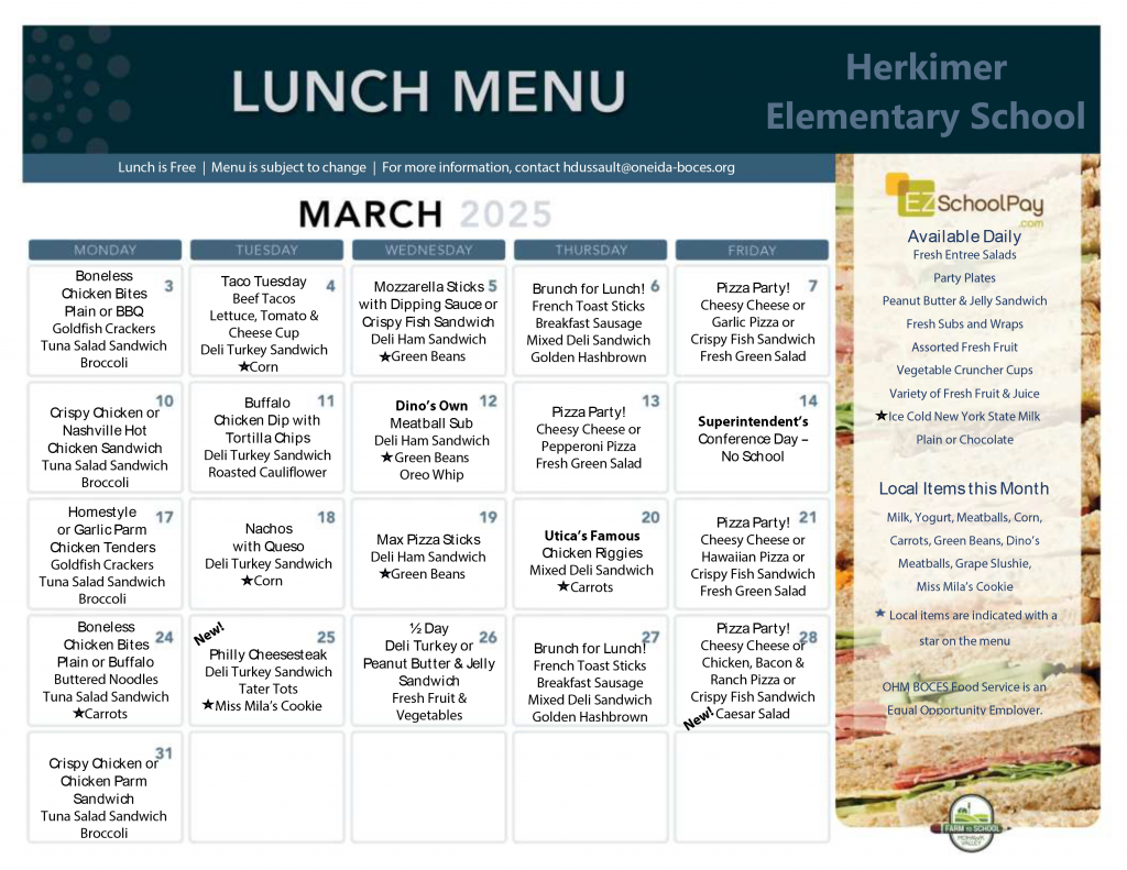 March 2025 elementary lunch menu