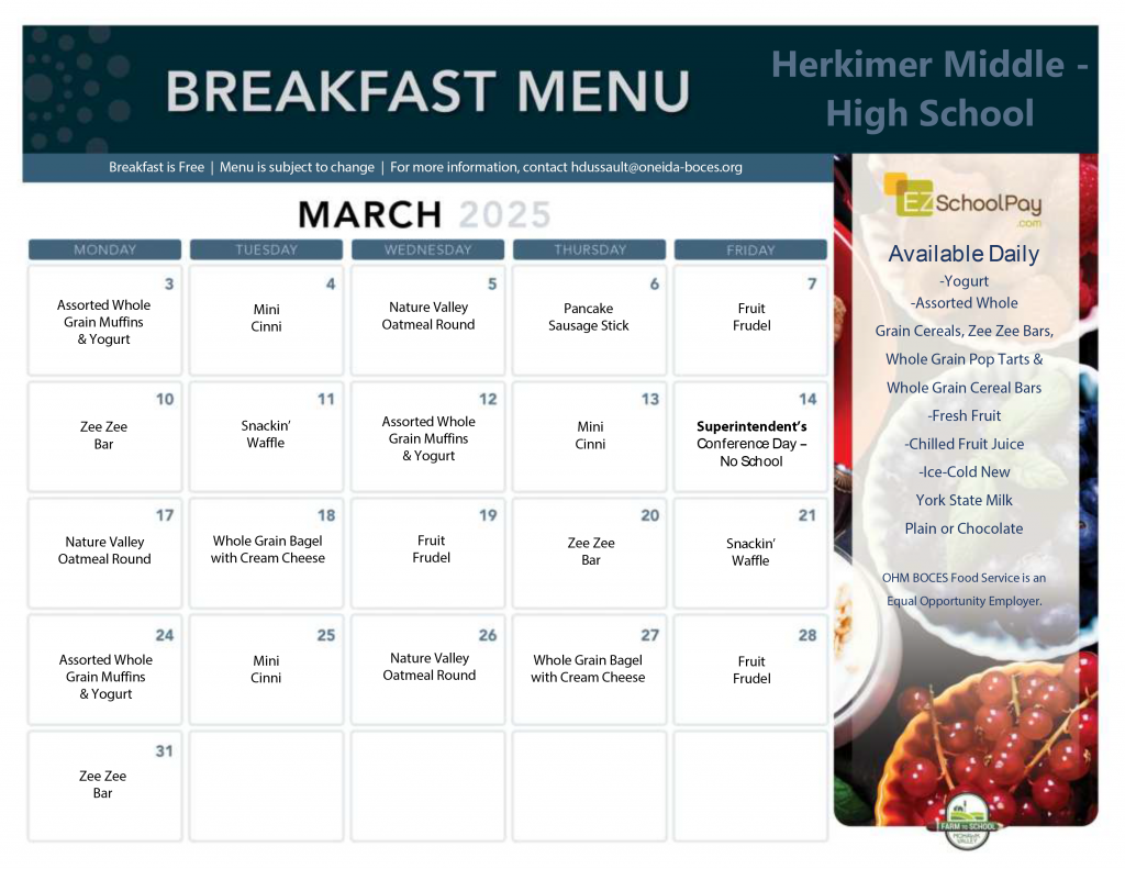 March 2025 Middle-High School breakfast menu