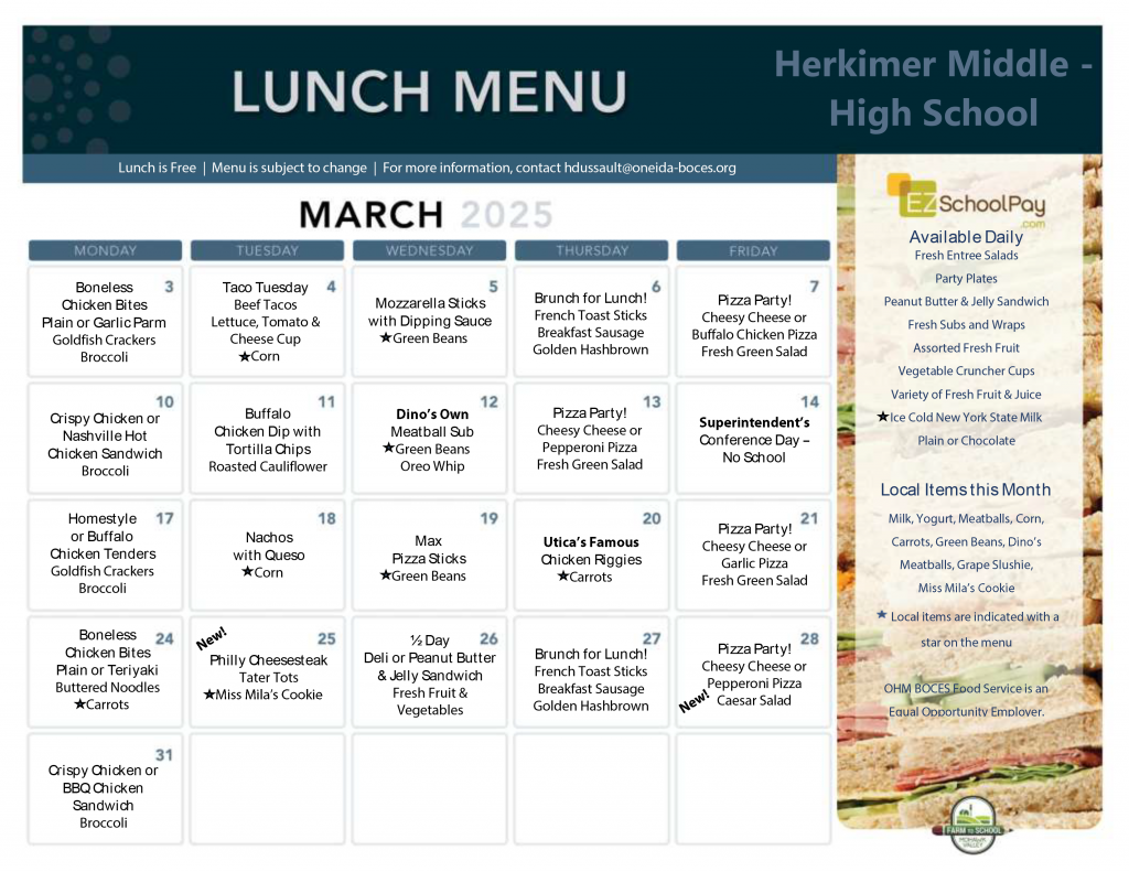 March 2025 Middle-High School lunch menu