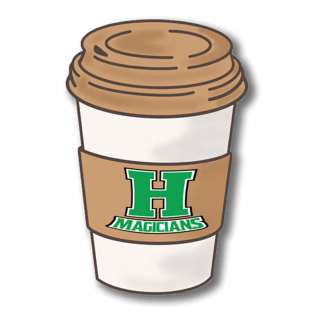 Coffee cup illustration with Herkimer Magicians logo on it.